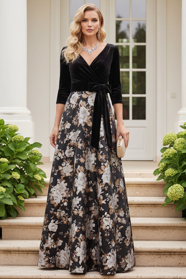 Velvet Bodice Floral A-Line Evening Gown