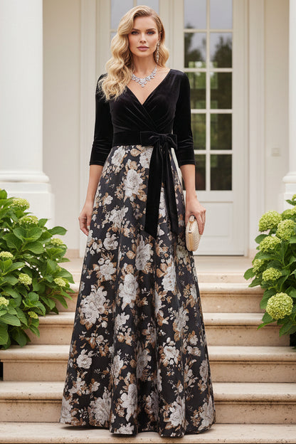 Velvet Bodice Floral A-Line Evening Gown