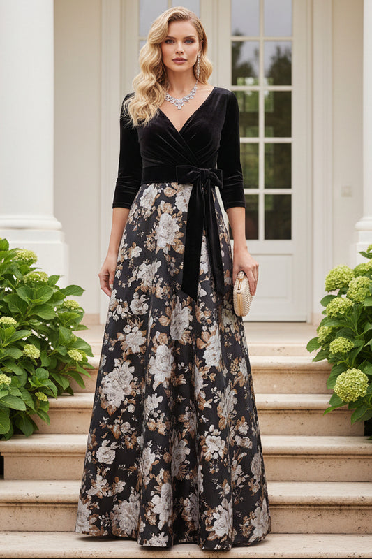 Velvet Bodice Floral A-Line Evening Gown