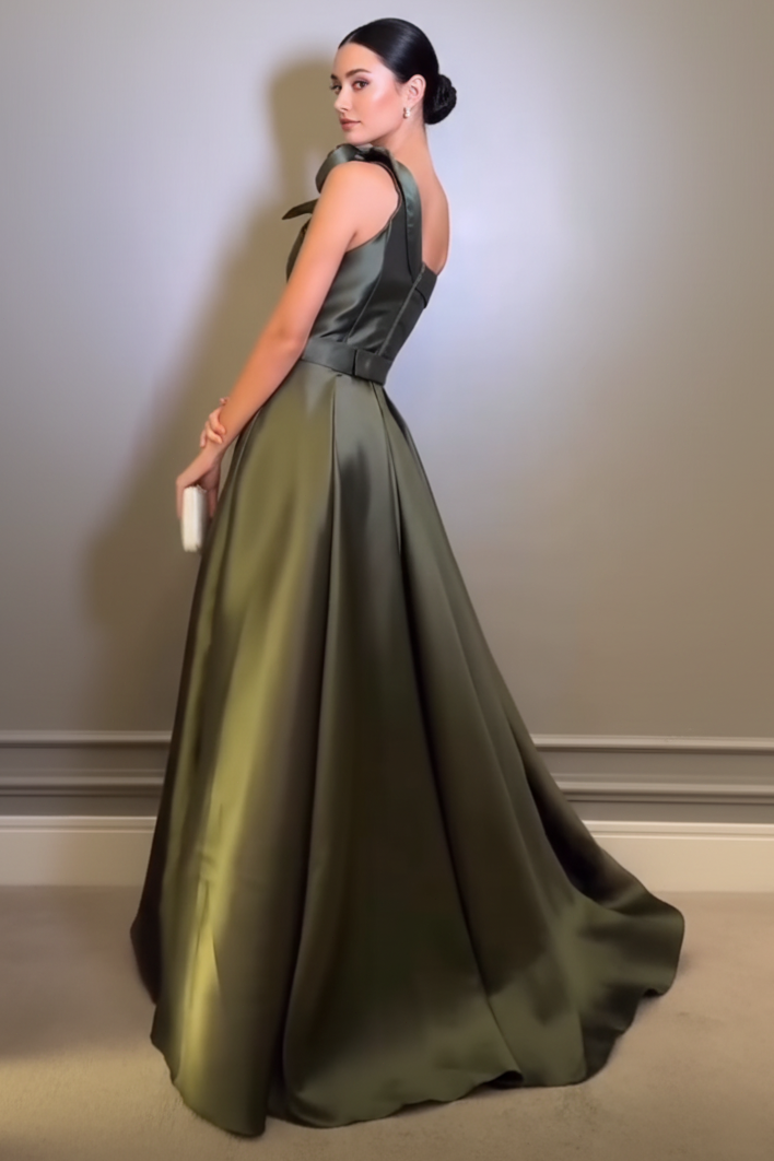 One-Shoulder Pleated Satin A-Line Gown with Slit