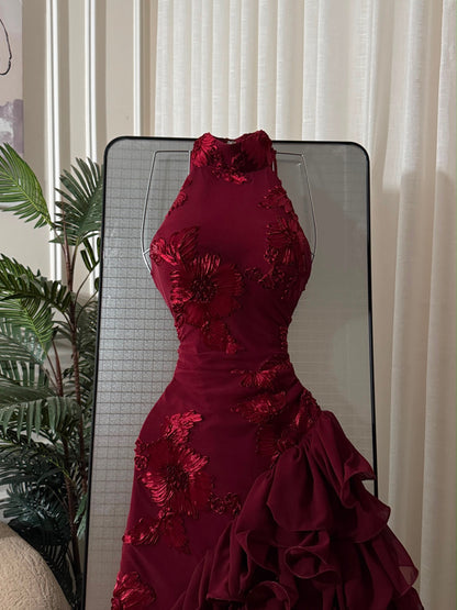 Halter Floral Applique Ruffled High-Slit Gown