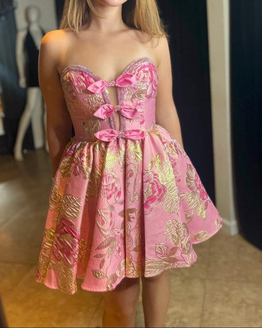 Strapless Bow-Accented Metallic Floral Mini Dress