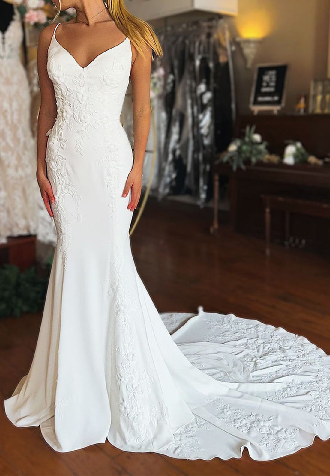 Spaghetti Strap Mermaid Wedding Dress with Watteau Train