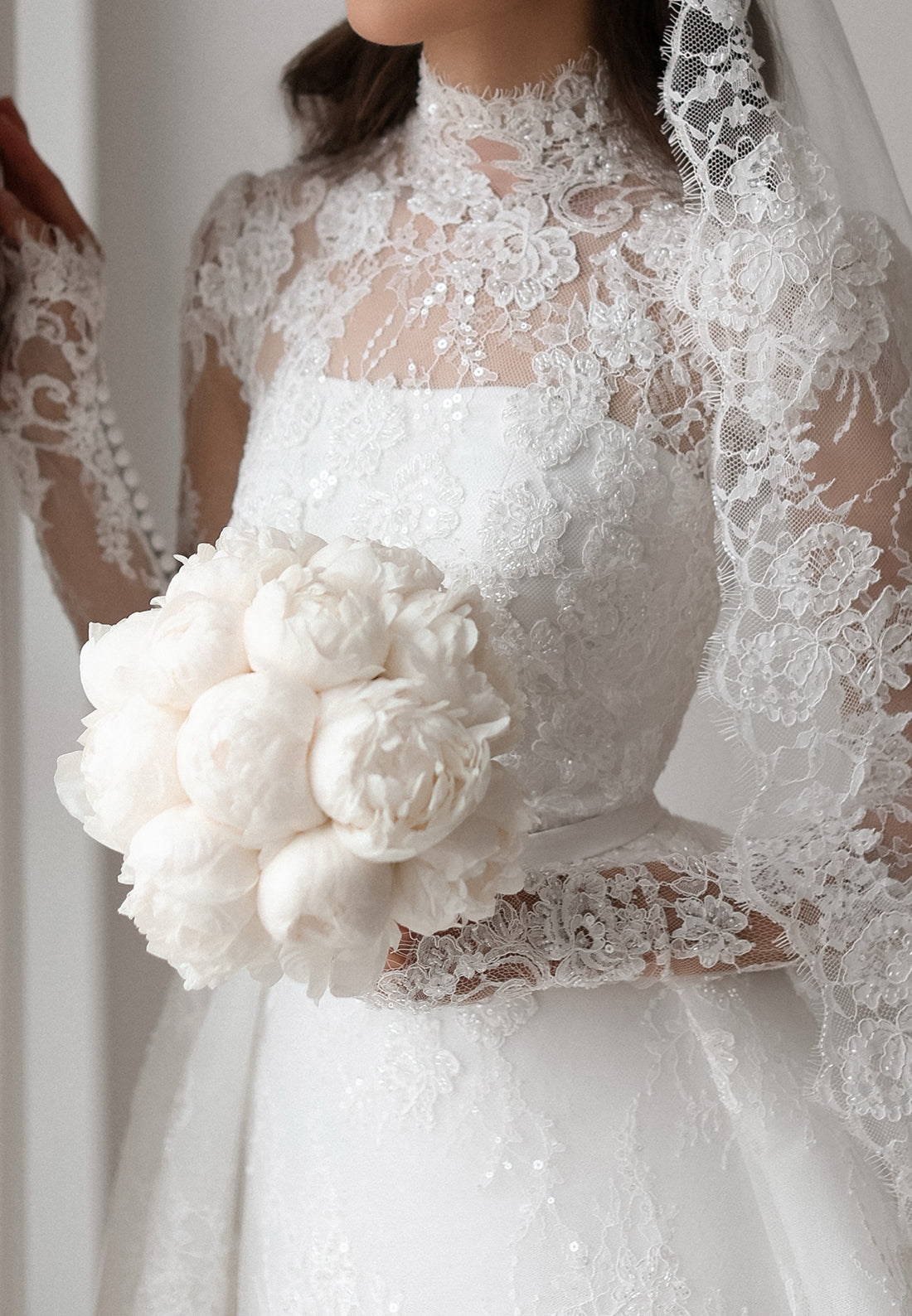 High-Neck Lace Long-Sleeve Ball Gown Wedding Dress