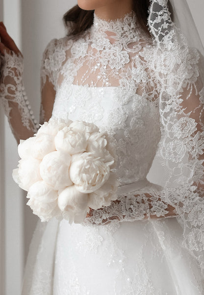 High-Neck Lace Long-Sleeve Ball Gown Wedding Dress