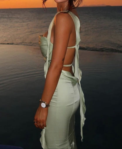 Ruched Maxi Dress with Cascading Ruffle Straps