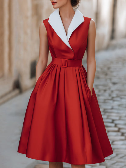 Collared Sleeveless Satin Fit and Flare Midi Dress