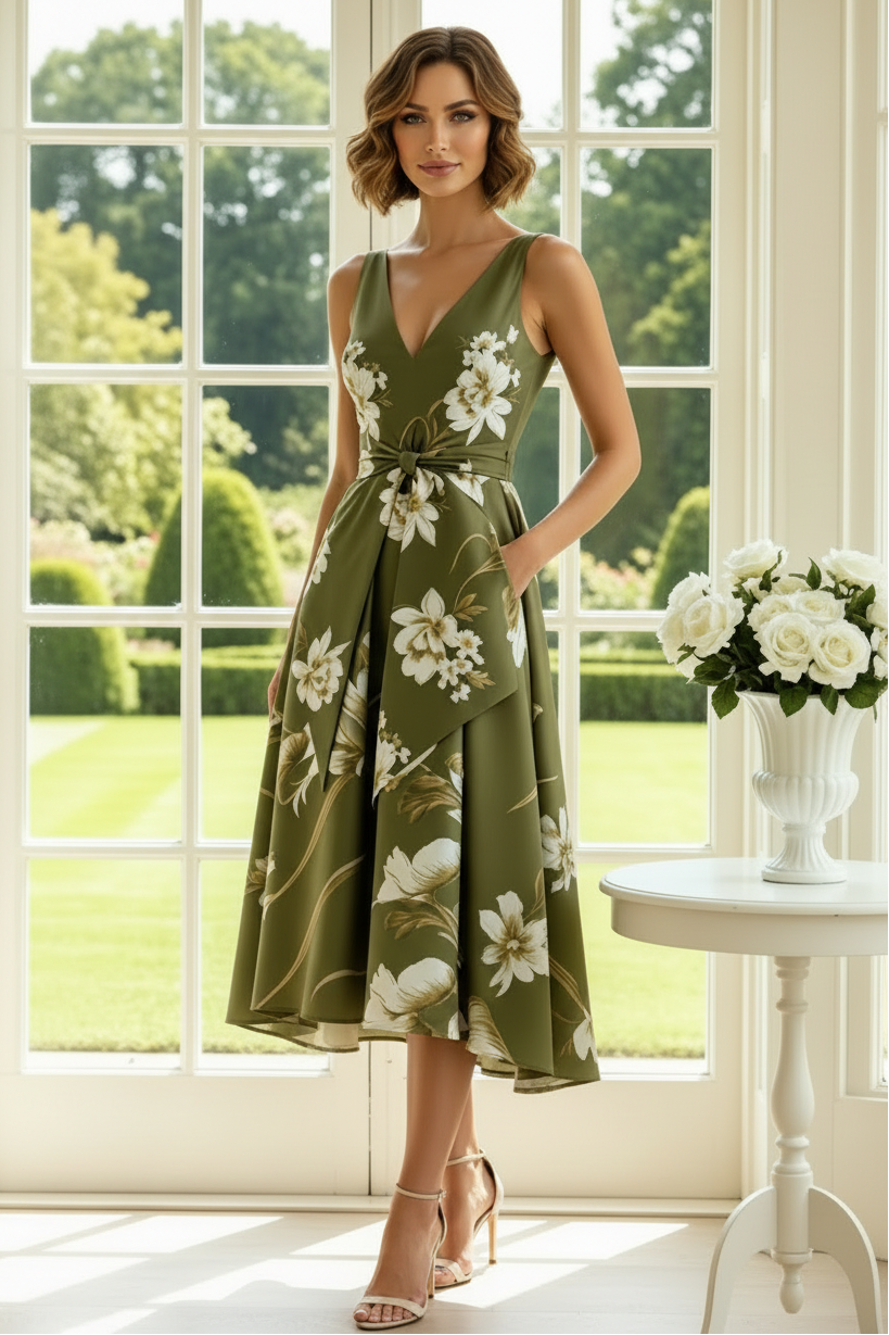 Elegant Floral V-Neck Midi A-Line Dress