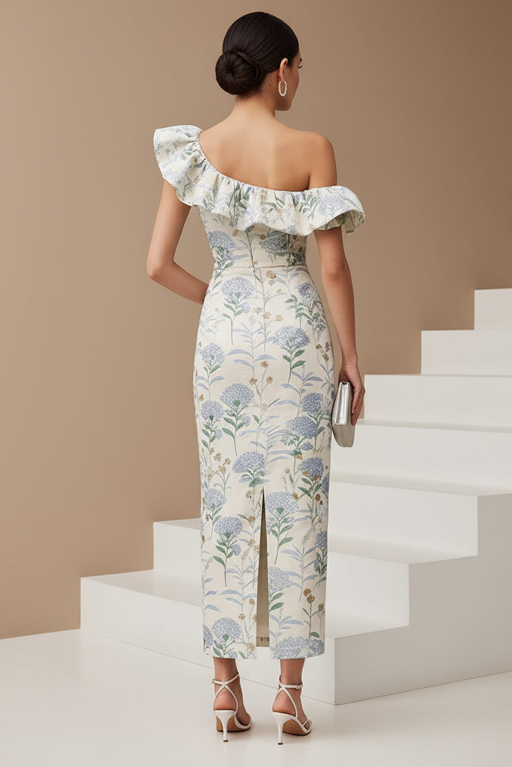 One Shoulder Ruffle Floral Midi Sheath Dress