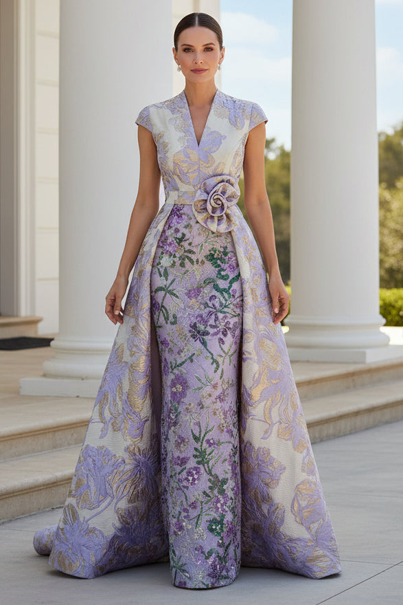 Floral Jacquard and Lace Gown with Overskirt