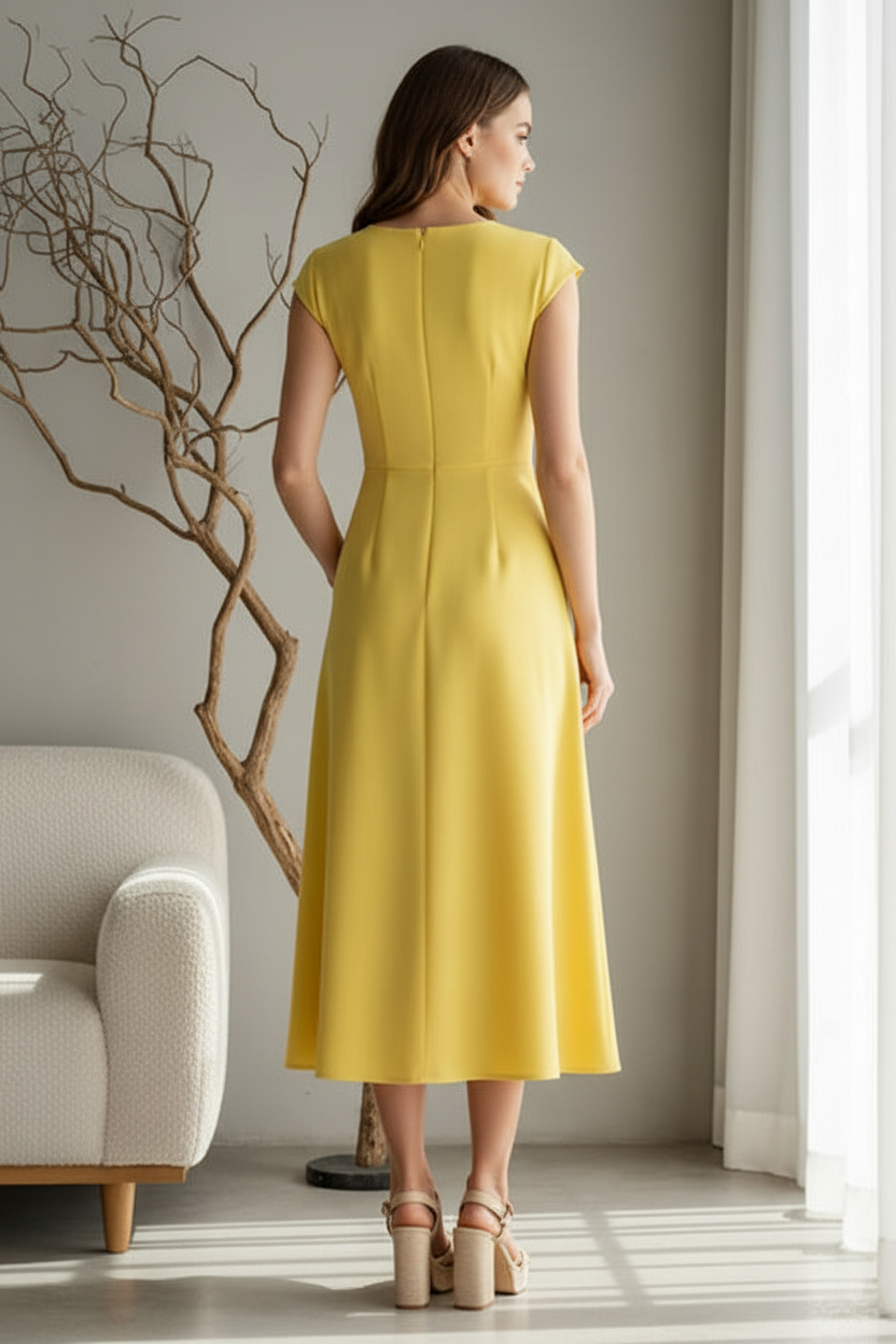 Midi A-Line Dress with 3D Floral Detail & Pockets