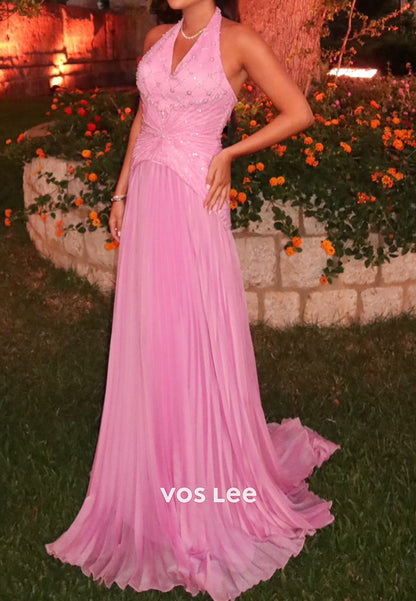 Halter Beaded Bodice Pleated Maxi Dress