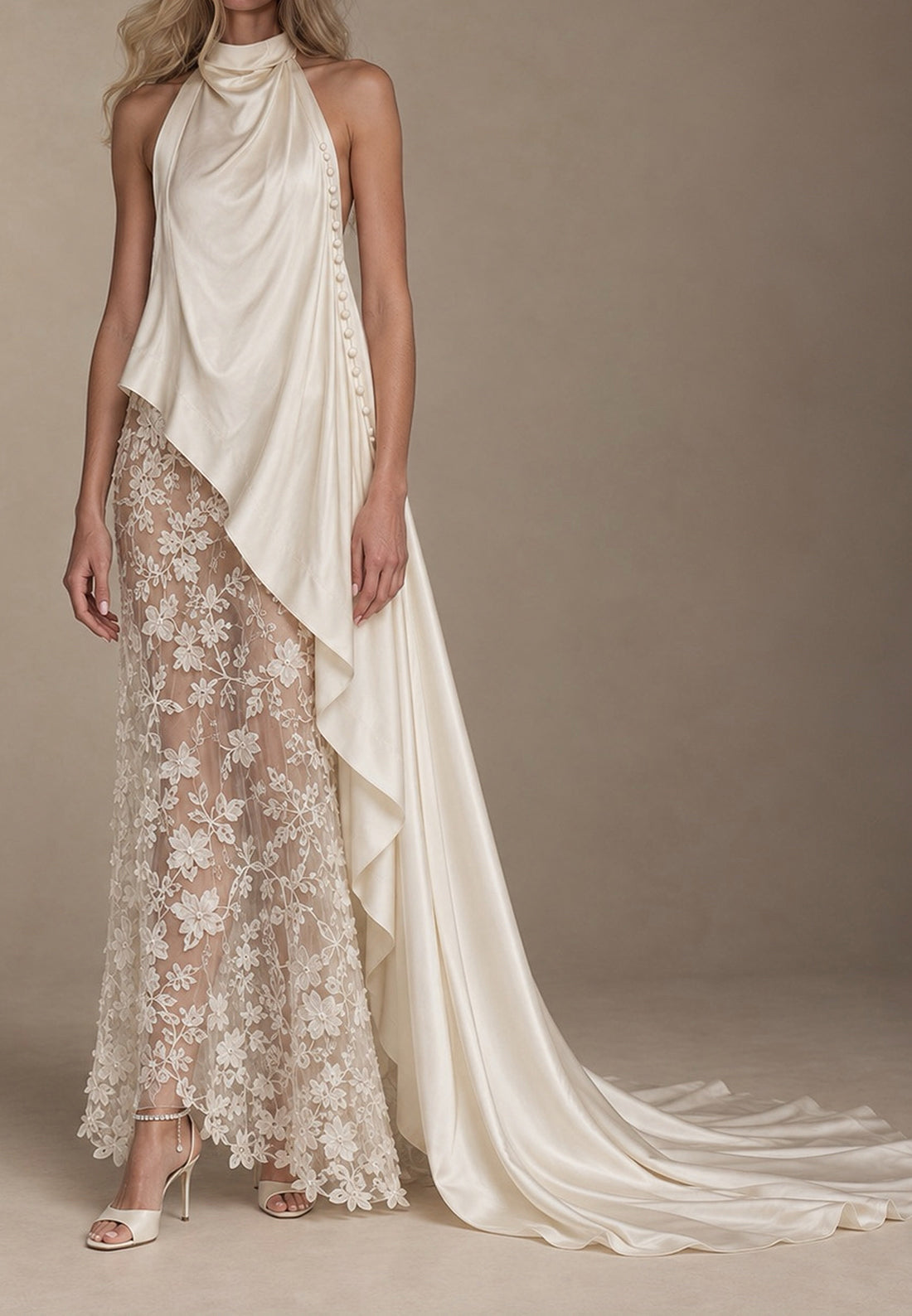 Halter High-Low Draped Train Gown with Lace