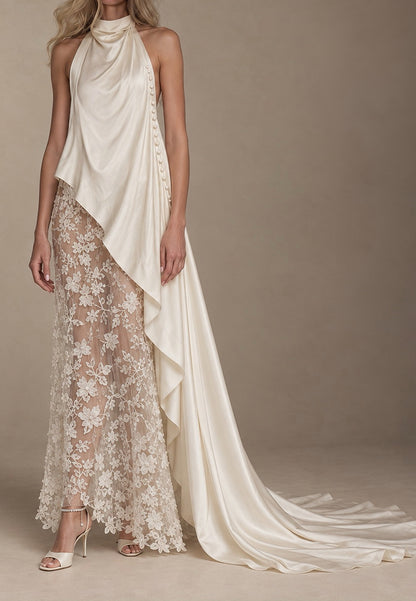Halter High-Low Draped Train Gown with Lace