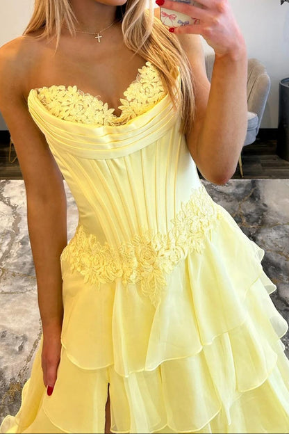 Strapless Tiered Gown with Corset Bodice and Slit