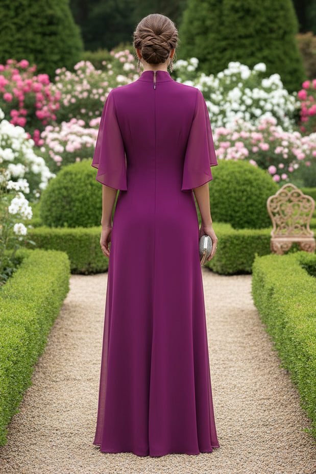Cowl Neck Chiffon Evening Gown with Flutter Sleeves