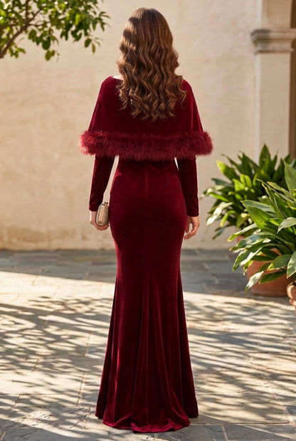 Velvet Mermaid Gown with Feather Trim Cape