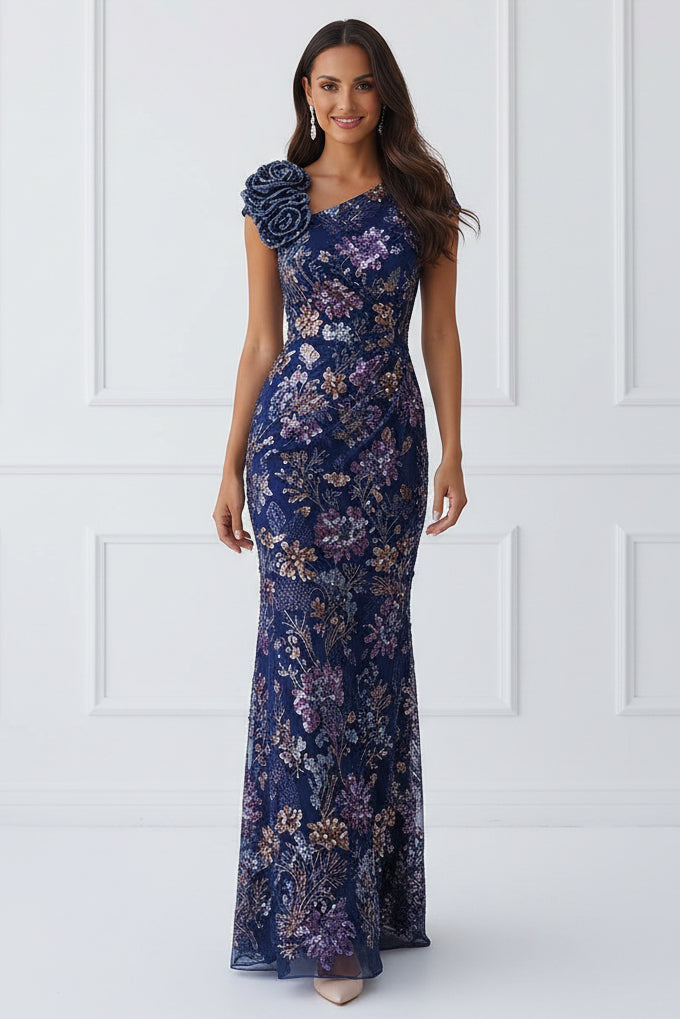 Sequined Cap Sleeve Column Gown with 3D Flower