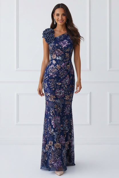 Sequined Cap Sleeve Column Gown with 3D Flower
