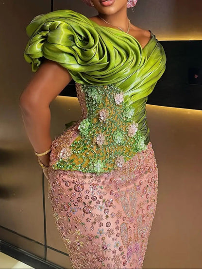 Rosette Bodice Beaded Column Evening Gown