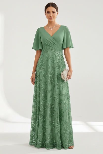Flutter Sleeve Lace A-Line Evening Gown