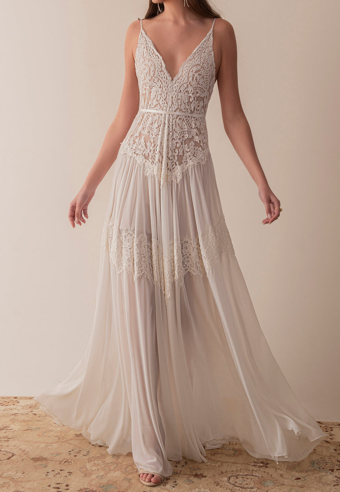Lace and Chiffon Deep V-Neck Maxi Dress