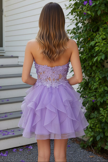 Strapless Floral Applique Tiered Ruffle Mini Dress