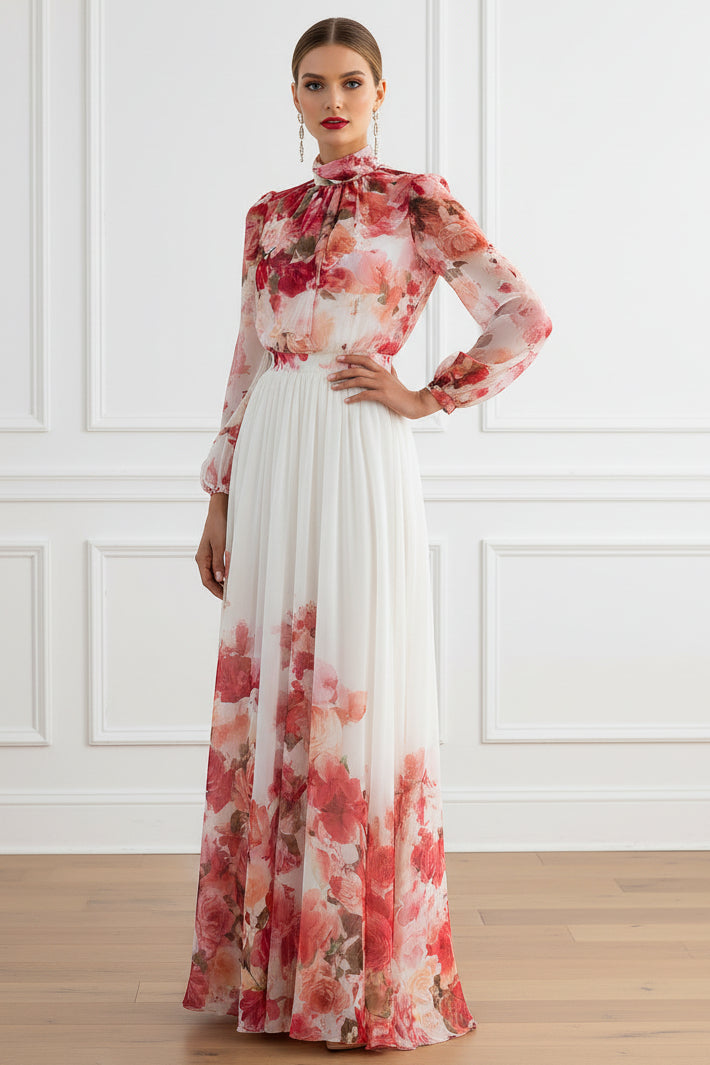 Floral Print High Neck Pleated Maxi Dress