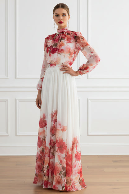 Floral Print High Neck Pleated Maxi Dress