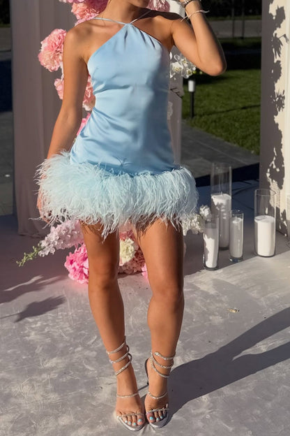 Satin Halter Mini Dress with Feather Trim