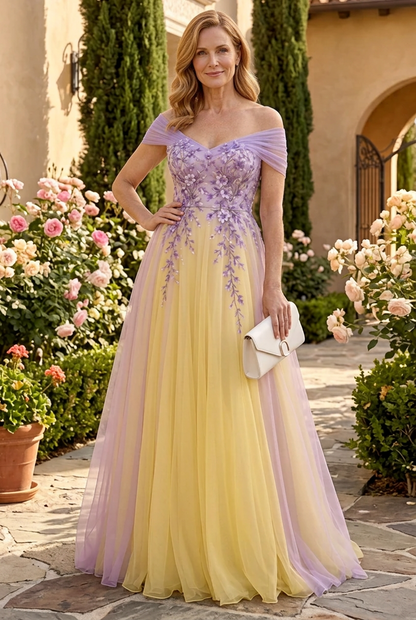Floral Applique Off-the-Shoulder A-Line Gown