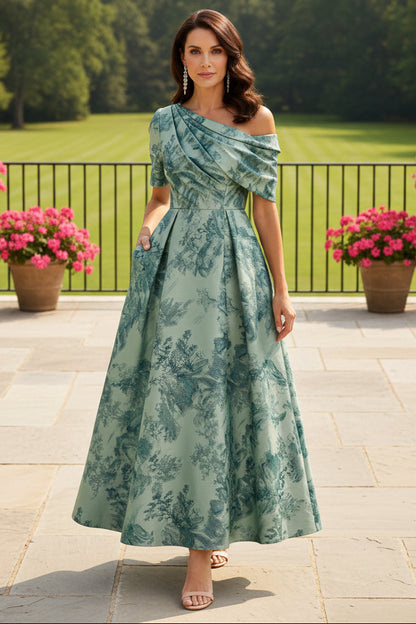 Off-Shoulder Floral Jacquard Tea-Length Dress