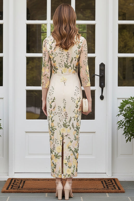 Floral Embroidered Mesh Sleeve Midi Sheath Dress