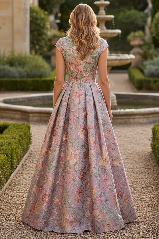 Floral Jacquard Cap-Sleeve Pleated Evening Gown