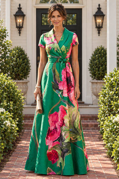 Floral Wrap A-Line Maxi Dress with Collar