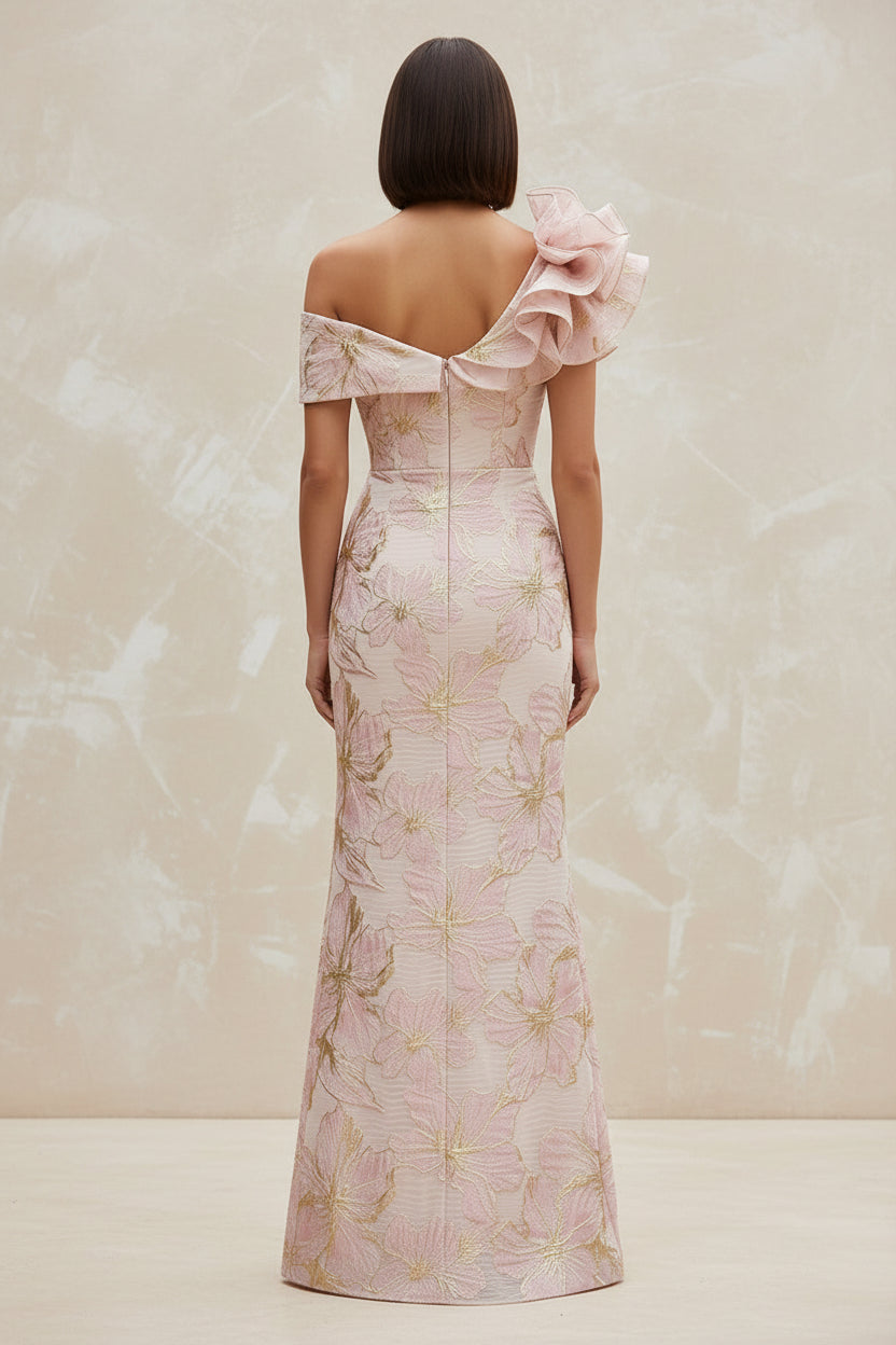 One-Shoulder Metallic Jacquard Column Evening Gown