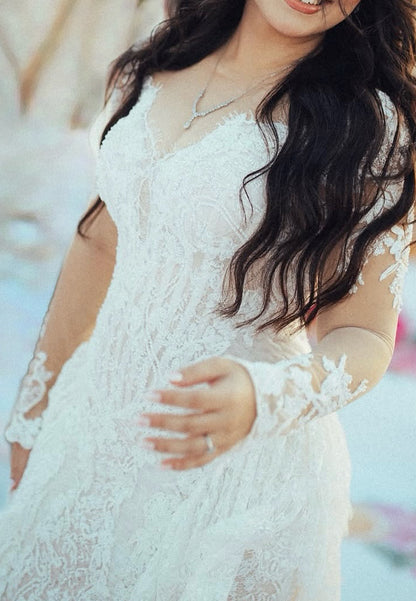 Lace Fringe Wedding Dress with Illusion Sleeves