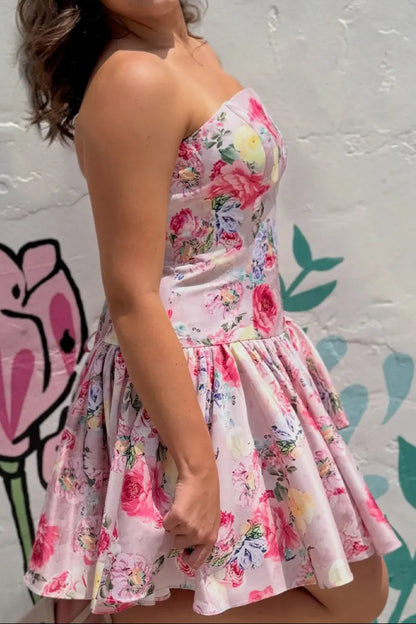Strapless Floral Corset Mini Dress with Bow Skirt