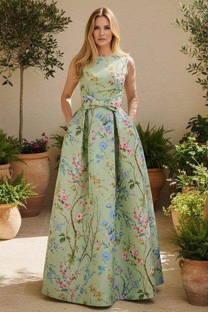 Floral Print Sleeveless Pleated Gown with Bow