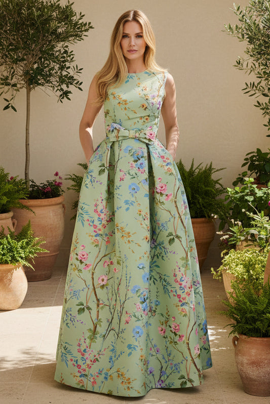 Floral Print Sleeveless Pleated Gown with Bow