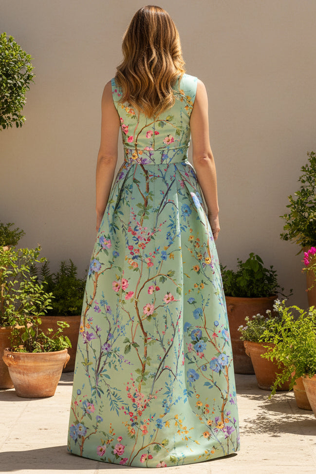 Floral Print Sleeveless Pleated Gown with Bow