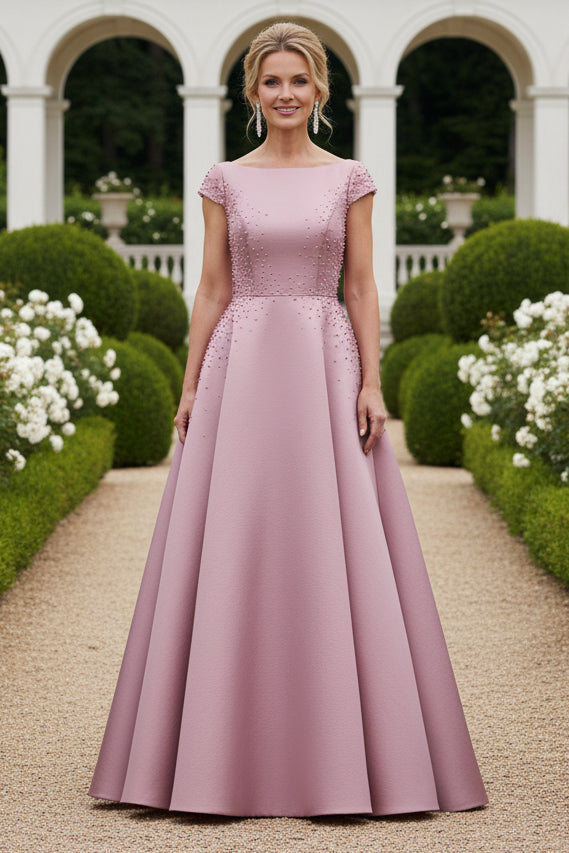 Pearl-Embellished A-Line Gown with Cap Sleeves
