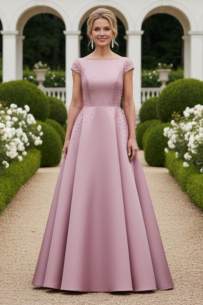 Pearl-Embellished A-Line Gown with Cap Sleeves