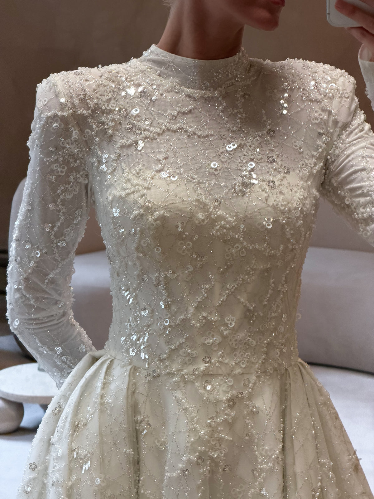 Beaded High Neck Long Sleeve Wedding Dress