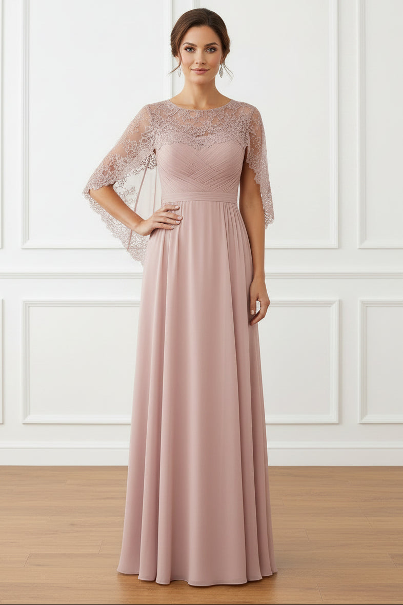 Chiffon A-Line Gown with Lace Cape Sleeves