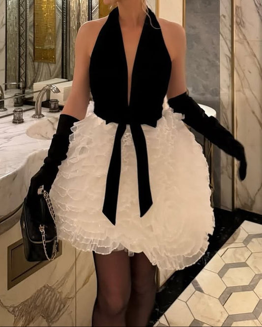 Plunging Halter Ruffled Bubble Mini Dress