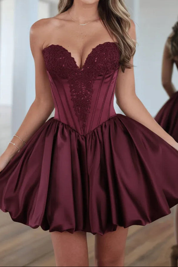 Strapless Corset Lace Applique Satin Mini Dress