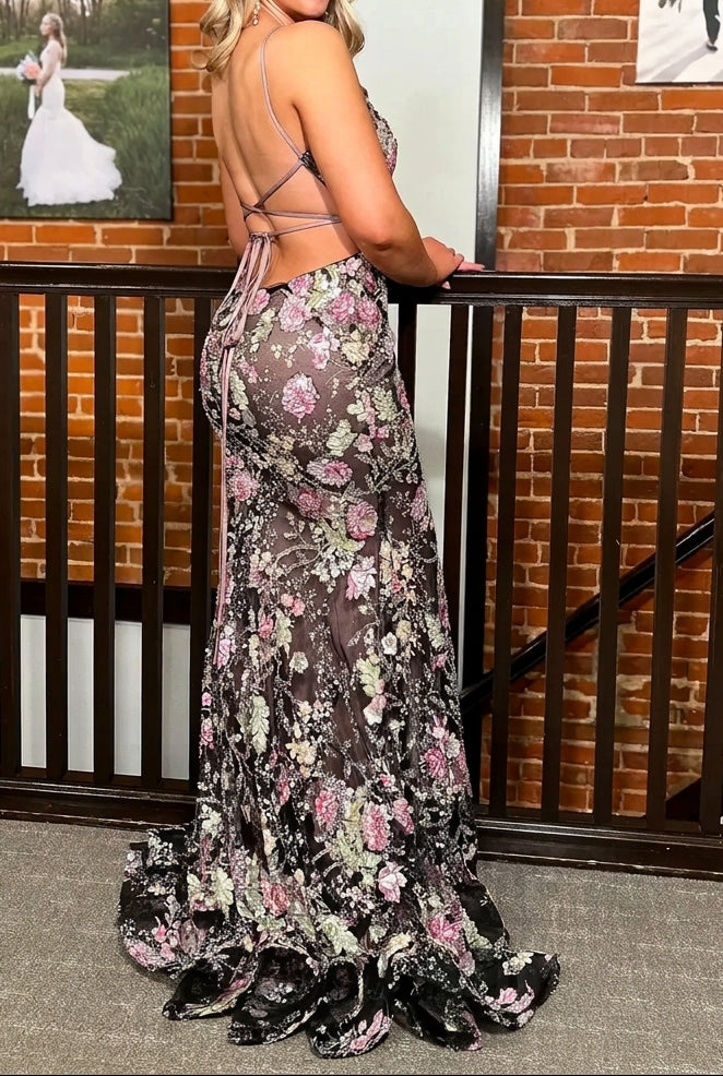 Floral Sequin Mermaid Gown with Lace-Up Back