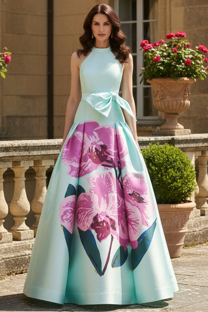 Halter Floral Print Pleated Ball Gown with Bow