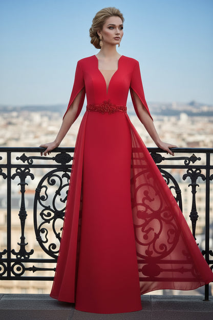 Cape Sleeve Deep V Column Evening Gown